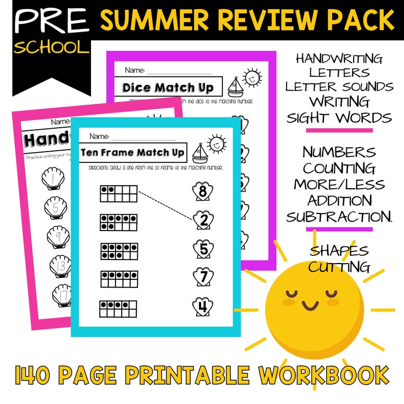 May include: A colorful printable workbook for preschool and early elementary students. The cover features worksheets for handwriting, numbers, shapes, and more. The text reads "PRE SUMMER REVIEW PACK" and "140 PAGE PRINTABLE WORKBOOK".