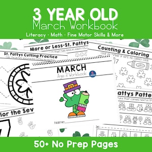 March Pre-K Learning Binder, Age 3, St. Patrick's Day Activities & Worksheets