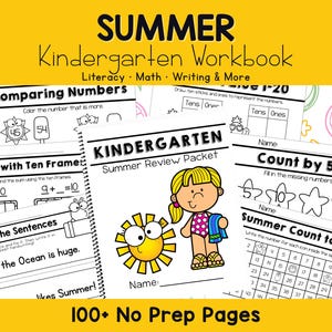 Peut inclure: Cahier d'exercices de maternelle sur le th&egrave;me de l'&eacute;t&eacute;, intitul&eacute; "Summer Kindergarten Workbook". Il comprend des pages de lecture, de math&eacute;matiques et d'&eacute;criture. La couverture pr&eacute;sente une fillette de dessin anim&eacute; et un soleil. Plus de 100 pages.