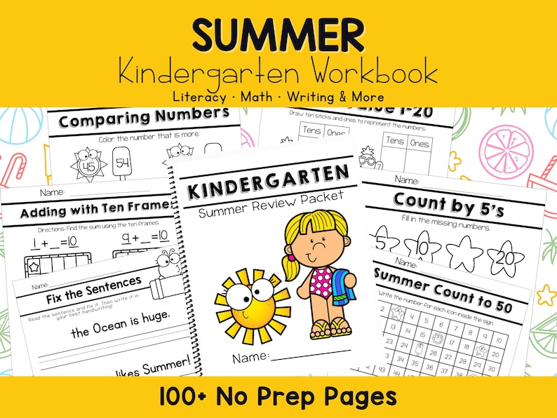 Peut inclure: Cahier d'exercices de maternelle sur le th&egrave;me de l'&eacute;t&eacute;, intitul&eacute; "Summer Kindergarten Workbook". Il comprend des pages de lecture, de math&eacute;matiques et d'&eacute;criture. La couverture pr&eacute;sente une fillette de dessin anim&eacute; et un soleil. Plus de 100 pages.