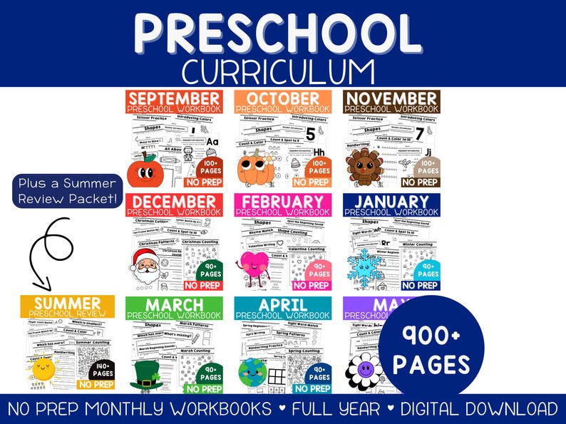 The image shows "preschool curriculum" in large text and monthly workbooks. Includes preschool curriculum and lesson plans for homeschool, daycare, and pre-k teachers. May include: 10 workbooks with parent and educator guides and lesson plans.