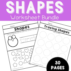 Op de afbeelding: Zwart-witte printbare werkbladenbundel voor kinderen om vormen te leren. De bundel bevat 30 pagina's met traceer- en kleurwerkbladen. De titel van de bundel is "Shapes Worksheet Bundle".