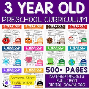 Full Year Age Three Preschool Curriculum Worksheets Pre K Curriculum Preschool Homeschool Pre K Lesson Plan Age 3 Busy Book (Seasonal)