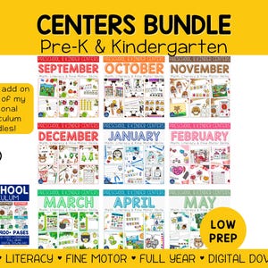 May include: A digital educational bundle for Pre-K and Kindergarten featuring monthly centres from September to May. The collection includes maths, literacy, and fine motor skill activities with colourful graphics, worksheets, and seasonal themes for a full year of classroom learning.