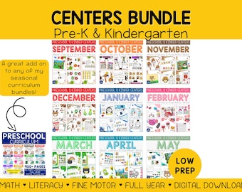 Kindergarten Centers Bundle, Full Year Kindergarten or TK Curriculum, Printable Activities, Homeschool, Literacy & Math Centers