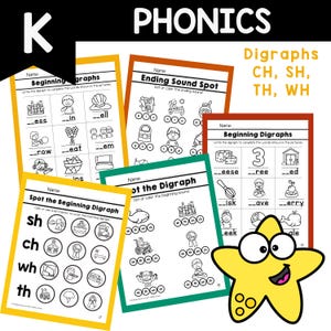 Peut inclure: Feuilles de travail &eacute;ducatives de phon&eacute;tique avec des illustrations et des exercices &agrave; compl&eacute;ter. Les feuilles de travail sont de diff&eacute;rentes couleurs, dont le jaune, l'orange et le vert. Le texte sur les feuilles de travail comprend "Beginning Digraphs" et "Ending Sound Spot". Une &eacute;toile de mer jaune est dans l'image.