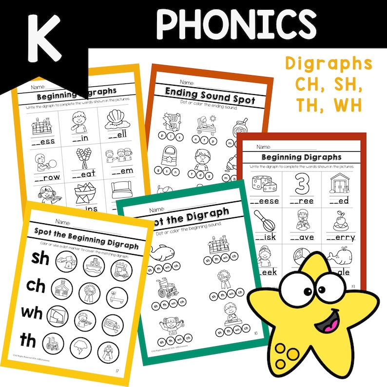 Peut inclure: Feuilles de travail &eacute;ducatives de phon&eacute;tique avec des illustrations et des exercices &agrave; compl&eacute;ter. Les feuilles de travail sont de diff&eacute;rentes couleurs, dont le jaune, l'orange et le vert. Le texte sur les feuilles de travail comprend "Beginning Digraphs" et "Ending Sound Spot". Une &eacute;toile de mer jaune est dans l'image.