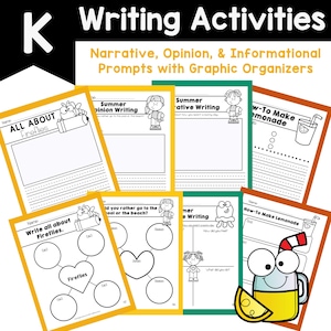 Peut inclure: Une collection de feuilles d'activit&eacute;s d'&eacute;criture color&eacute;es pour les &eacute;l&egrave;ves de maternelle. Les feuilles pr&eacute;sentent des invites pour l'&eacute;criture narrative, d'opinion et informative, avec des organisateurs graphiques. Le texte comprend "All About Fireflies" et "How-To Make Lemonade".