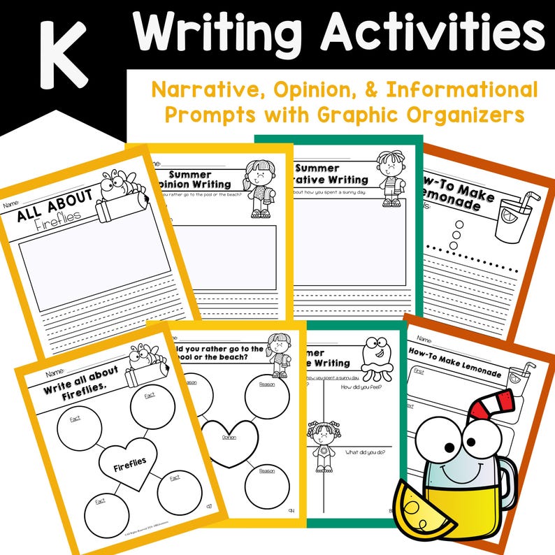 Peut inclure: Une collection de feuilles d'activit&eacute;s d'&eacute;criture color&eacute;es pour les &eacute;l&egrave;ves de maternelle. Les feuilles pr&eacute;sentent des invites pour l'&eacute;criture narrative, d'opinion et informative, avec des organisateurs graphiques. Le texte comprend "All About Fireflies" et "How-To Make Lemonade".