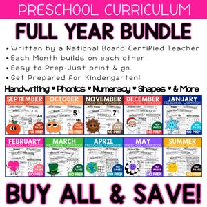 May include: A colorful preschool curriculum bundle with the text "FULL YEAR BUNDLE." The image displays monthly workbooks for handwriting, phonics, numeracy, and shapes. Each workbook includes 90-140 pages and is designed for kindergarten preparation.