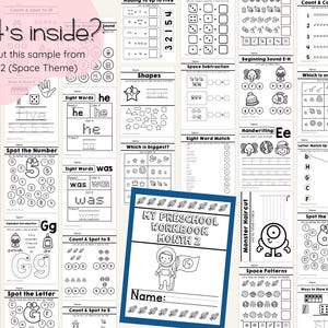 Full year preschool lesson plans and worksheets bundle with 900+ pages of no prep printables. Themed monthly units include school, space, pirates, fairytales, transportation, sports, plants, farm, forest, and summer review. Preschool curriculum activities build early learning skills like alphabet letters, counting, shapes, colors, scissor practice, tracing, and fine motor development. Digital download for homeschool preschool, Pre-K, and childcare.
