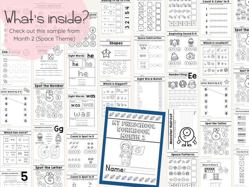 Full year preschool lesson plans and worksheets bundle with 900+ pages of no prep printables. Themed monthly units include school, space, pirates, fairytales, transportation, sports, plants, farm, forest, and summer review. Preschool curriculum activities build early learning skills like alphabet letters, counting, shapes, colors, scissor practice, tracing, and fine motor development. Digital download for homeschool preschool, Pre-K, and childcare.