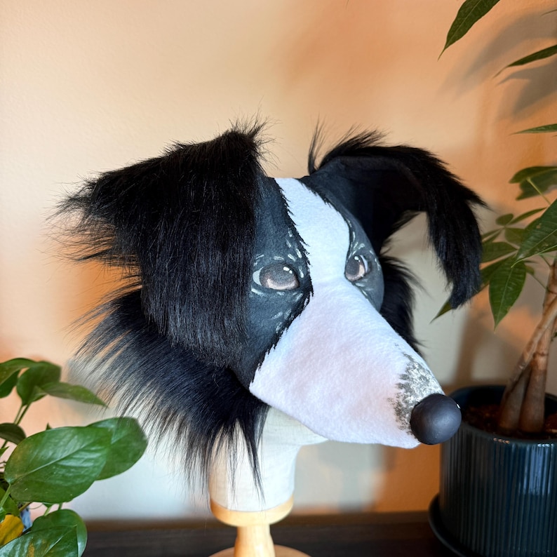 Puede incluir: Una m&aacute;scara de cabeza de perro Border Collie en blanco y negro, con ojos pintados realistas y una textura de felpa y peluda. La m&aacute;scara presenta un hocico blanco y una nariz negra, montada sobre una cabeza de maniqu&iacute;.