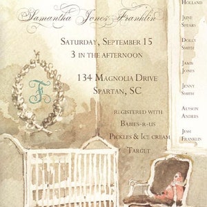 May include: A baby shower invitation with a watercolor background featuring a crib and a rocking chair. The invitation is for Samantha Jones Franklin and includes the date, time, and location of the event. It also lists the names of the hosts and where the guest of honor is registered.