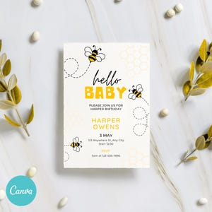 Editable Bee Birthday Invitation, Yellow Bee Invitation, Canva ,Kids Party, Birthday Party Invitation, Spring Invite, Modern Invite , 5x7