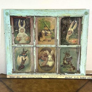 Vintage 6-Pane Easter Window Panel: Rustic Bunny Graphics Wall Decor