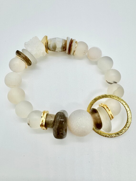Elegant Matte Quartz and Druzy Quartz Bracelet with Gold Ring Accent by JP Designs