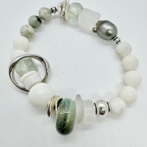 Mystic Harmony: Handmade White Agate, Raw Quartz, White Howlite, African and Recycled Glass Beaded Bracelet with Silver Accents and Pearls