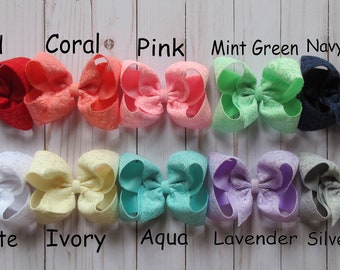 CUSTOM Color Choice Grosgrain Ribbon with Lace Overlay Medium 4 inch Boutique Hair Bow