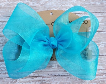 X Large KING Size Sheer Organza Hair Bow in Turquoise Blue