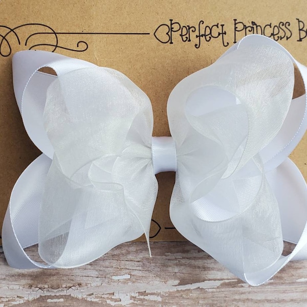 Layered 5 inch White Satin & Sheer Organza Chiffon Hair Bow Boutique Hairbow Organza Perfect for Weddings, Pageant, Formals, and More