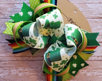 LARGE Lucky Leprechaun Fancy Layered Boutique Style Emerald Green, Gold, Rainbow Glittery St. Patrick's Day Hair Bow