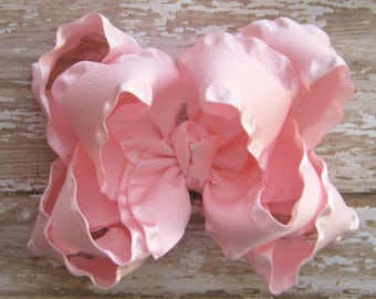 Large Double Layer Satin Edge Taffeta Double Ruffle Hair Bow in Light Pink
