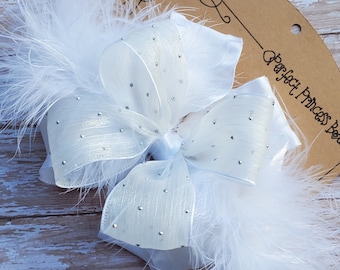 Large Layered White Organza and Satin Double Ruffle Ribbon Hair Bow with White Marabou Feathers