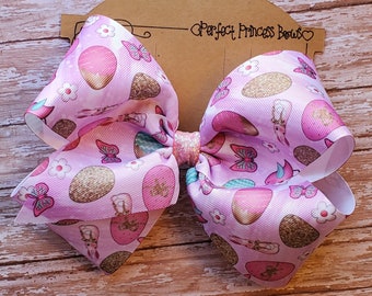 LARGE Pink, Lavender Orchid Bunnies and Eggs Print Grosgrain Ribbon Springtime Easter Hair Bow