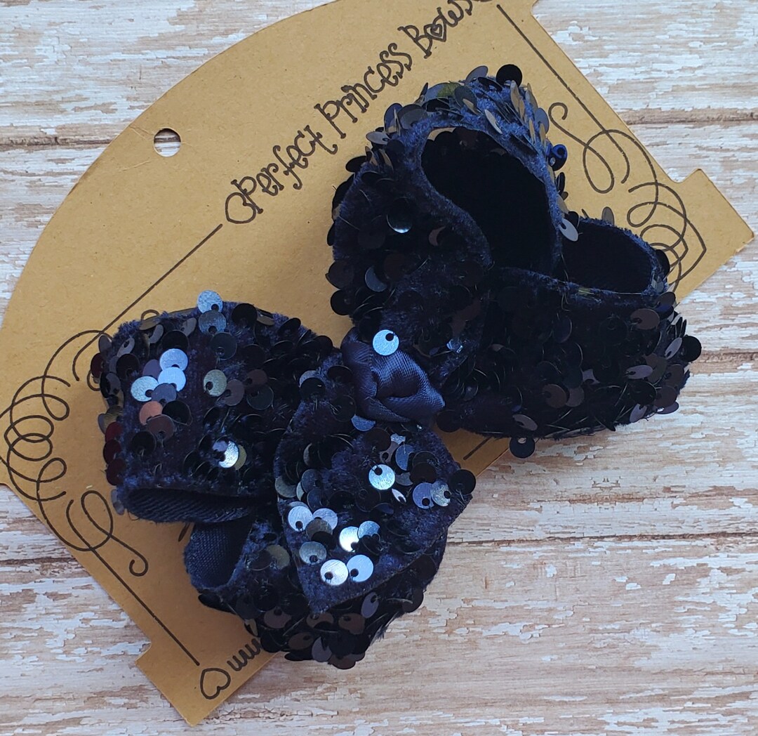 Medium 4 Inch Navy Blue Sequin Ribbon Hair Bow Formal Wear Hairbow Clip ...