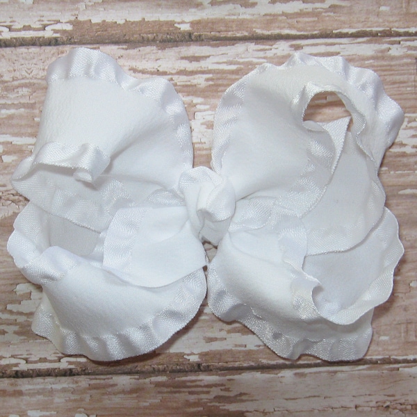 Medium 4 inch Satin Edge Taffeta Double Ruffle Hair Bow in White