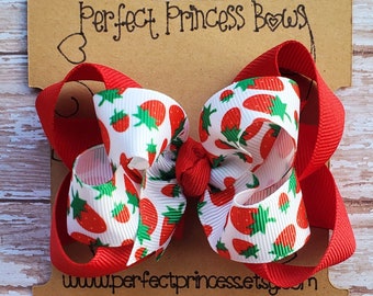 Small 3.5 inch Red and White Strawberry Print Double Layered Grosgrain Hair Bow