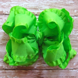 Large Double Layer Satin Edge Taffeta Double Ruffle Hair Bow in Lime Apple Green