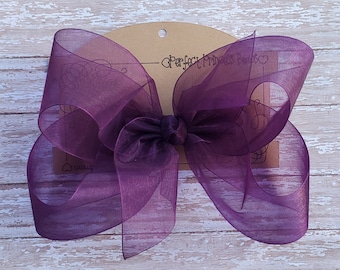 X Large KING Size Sheer Organza Hair Bow in Plum Purple