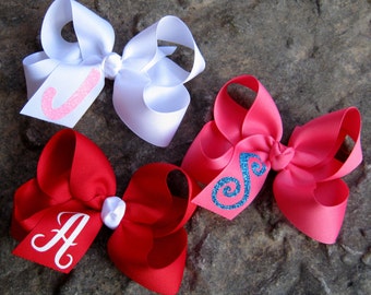 Custom GLITTER INITIAL Monogram Boutique Style Grosgrain Hair Bow