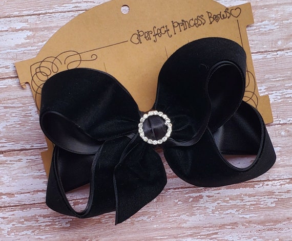 Large Black Velvet and Satin Rhinestone Center Hair Bow  display picture 2