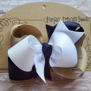 Large Boutique 5 inch Triple Loop Hair Bow in Navy Blue, Khaki, and White Grosgrain Ribbon Big Girls Hairbow School Uniform