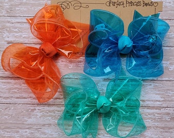 Med. 4 inch Loopy Boutique Style Waterproof Pool Bow - Available in Orange, Tropical Green, and Blue - Jelly Hair Bow for Swimming