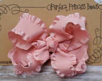 Medium 4 inch Satin Edge Taffeta Double Ruffle Hair Bow in Blush Pink