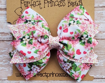 Pretty Spring Cherry Blossoms Grosgrain Ribbon and Glitter Fabric Hair Bow