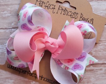 Valentine's Day Pastel Conversation Hearts Candy Print Petite 3 inch Triple Loop Grosgrain Hair Bow