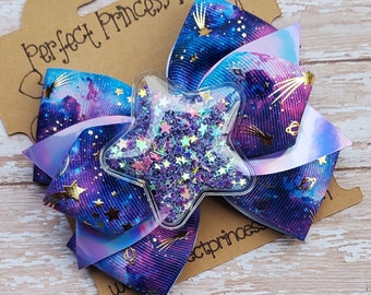 Stars and Space Layered Holographic Fabric, Grosgrain Ribbon and Shaker Star Hair Bow