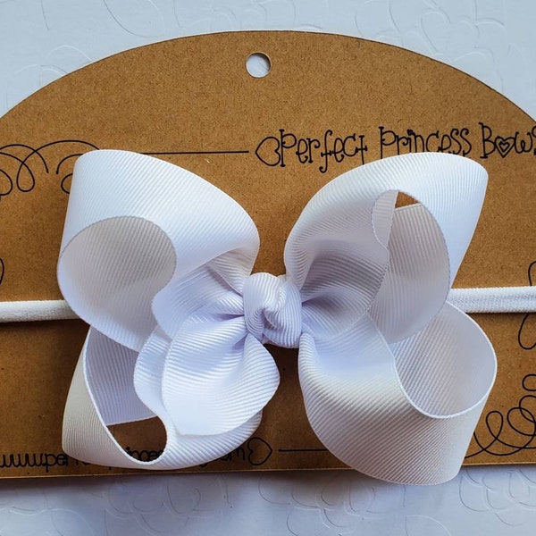 White Grosgrain Ribbon 4 inch Boutique Style Hair Bow on Stretchy Infant Baby Headband