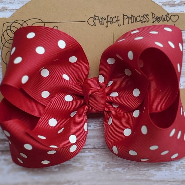 Large Cranberry Red and White Polka Dots Grosgrain Ribbon Boutique Hair Bow