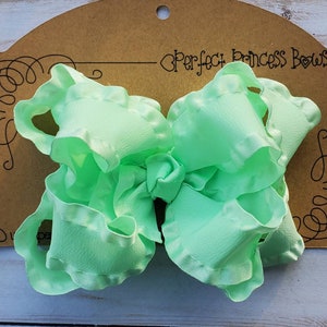 Large Double Layer Satin Edge Taffeta Double Ruffle Hair Bow in Mint Green