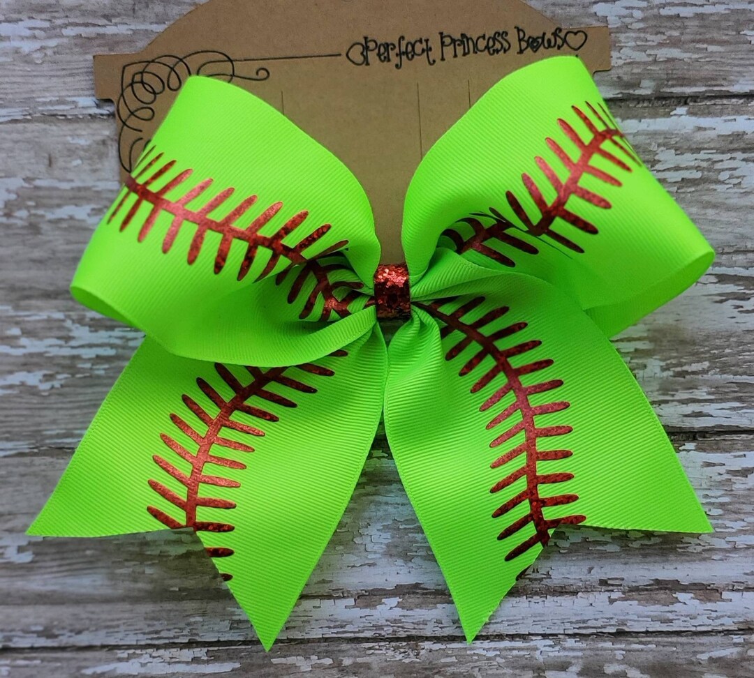 Bright Lime Green Softball Red Stitch Print Grosgrain Ribbon Cheer