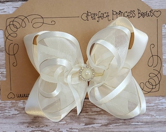 Large Layered Ivory Satin and Ivory with Gold Accents Organza Hair Bow with Rhinestone and Pearl Center