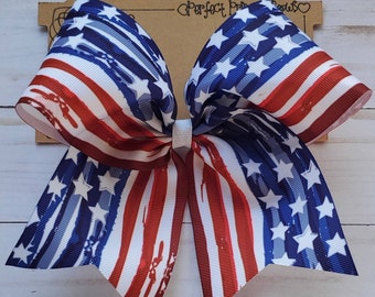 4th of July American Flag Grosgrain Ribbon LARGE Cheer Style Bow with Tails Hair Bow