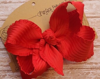 Red Ruffled Edge Twill Fabric Hair Bow - Done in Your Choice of Size and Clip Style or Headband