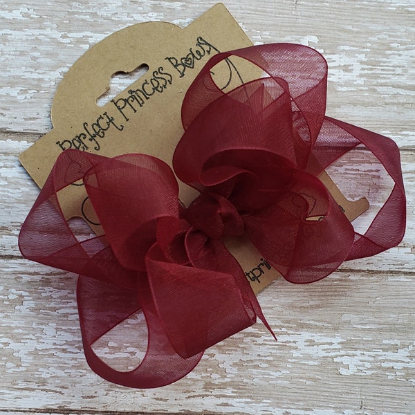 Burgundy Wine 4 inch Double Layer Loopy Style Sheer Organza Hair Bow
